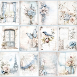 May include: A collection of twelve watercolor-style art prints featuring soft pastel colors. The prints depict various scenes, including floral arrangements, butterflies, birds, windows, and architectural elements. The overall aesthetic is vintage and romantic.