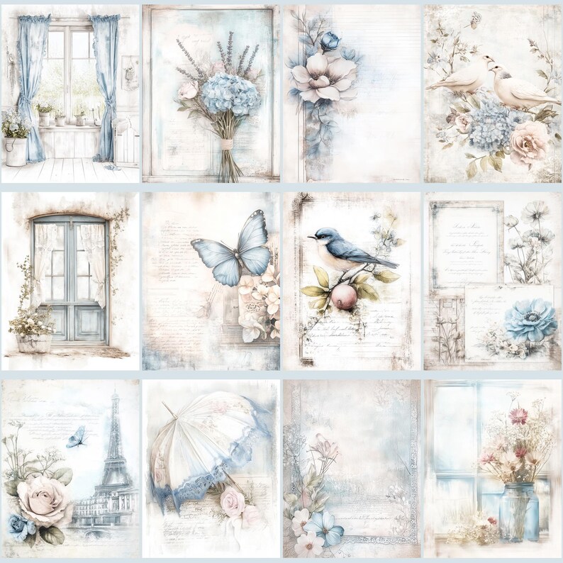 May include: A collection of twelve watercolor-style art prints featuring soft pastel colors. The prints depict various scenes, including floral arrangements, butterflies, birds, windows, and architectural elements. The overall aesthetic is vintage and romantic.