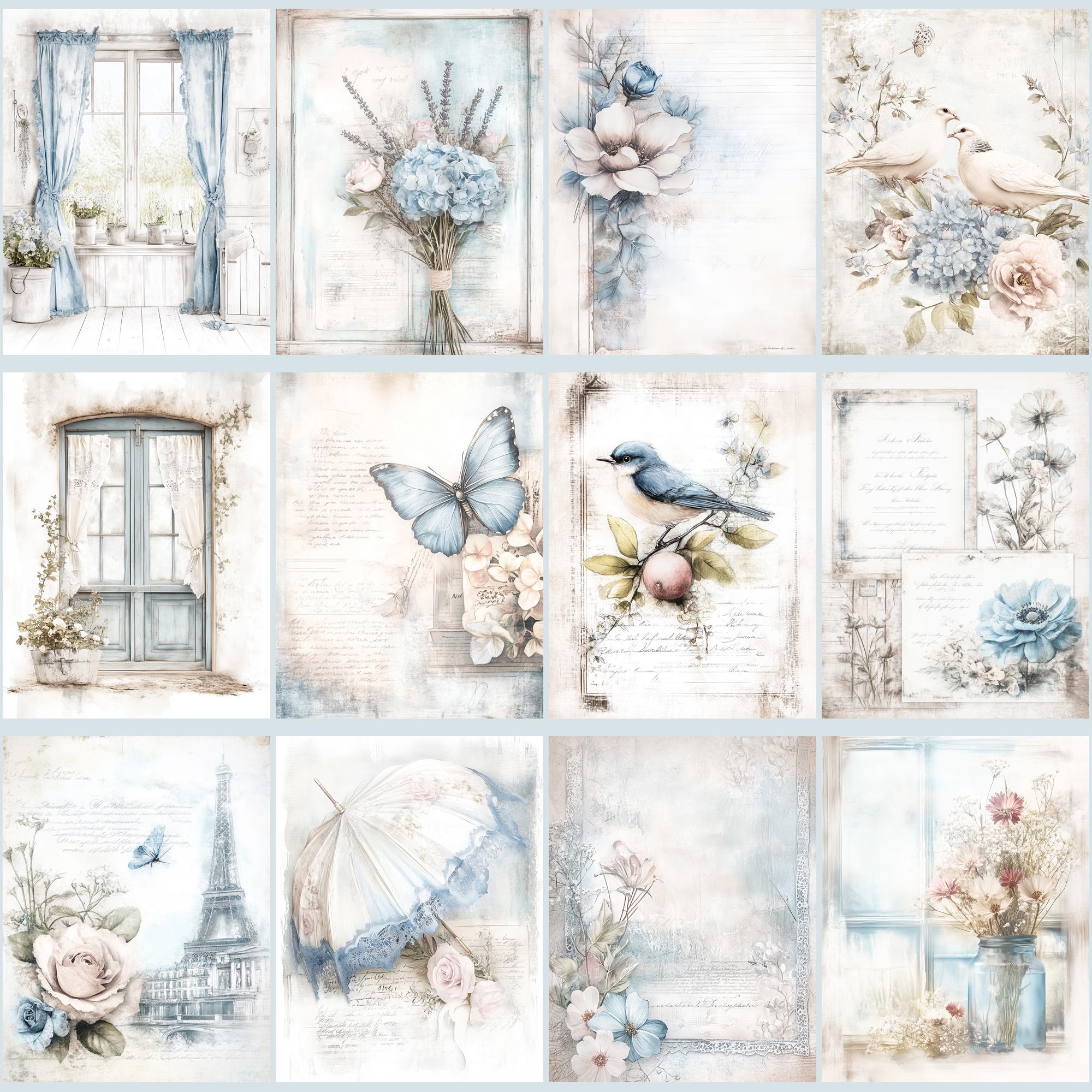 Blue Shabby Chic Junk Journal Kit, Vintage Floral Scrapbook Paper ...
