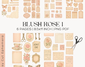 Blush Rose Ephemera Kit, Vintage Floral Tags, Junk Journal Fussy Cut Sheets, Transparent Backgrounds