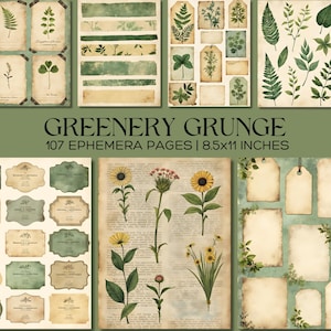 Kit de journal indésirable verdure, pages botaniques vintage, documents éphémères imprimables grunge, étiquettes d'herbier, papier collage nature, scrapbooking Se