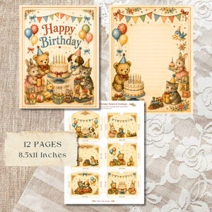 Pu&ograve; includere: Un set di cancelleria per compleanni con illustrazioni di orsetti, conigli, gattini e anatroccoli con torte, palloncini e festoni. Il testo riporta Happy Birthday e 12 PAGES 21,6x27,9 cm. La collezione include biglietti, carta a righe e buste.