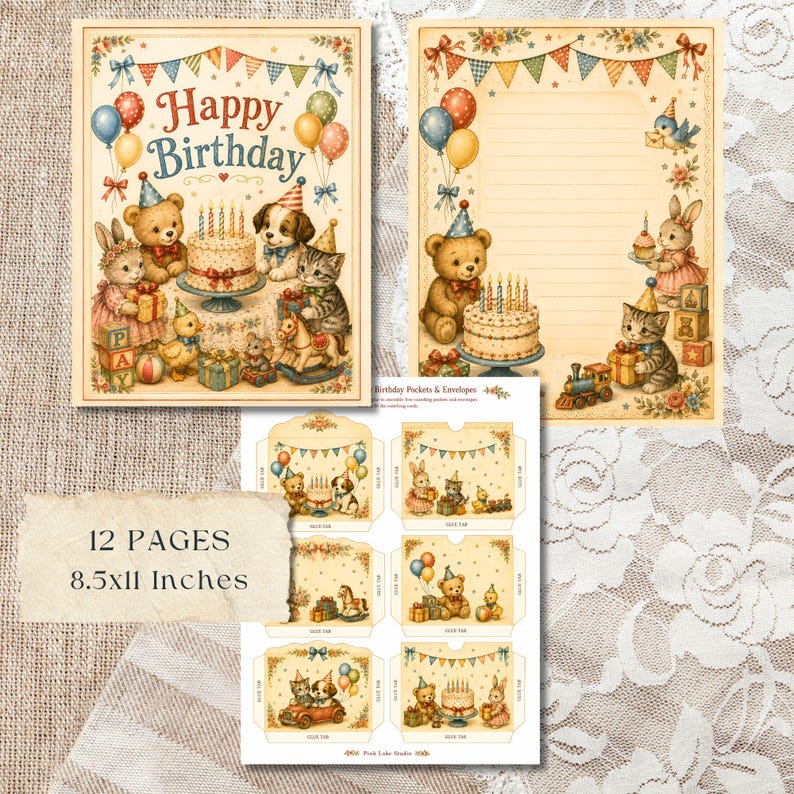 Pu&ograve; includere: Un set di cancelleria per compleanni con illustrazioni di orsetti, conigli, gattini e anatroccoli con torte, palloncini e festoni. Il testo riporta Happy Birthday e 12 PAGES 21,6x27,9 cm. La collezione include biglietti, carta a righe e buste.