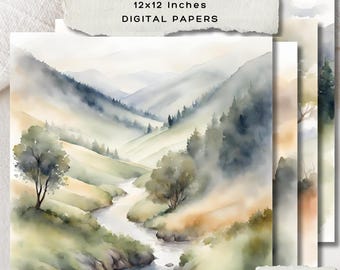 Hidden Valley Watercolor Paper, Scenic Forest Digital Backgrounds, Set of 4 Digital Nature Prints