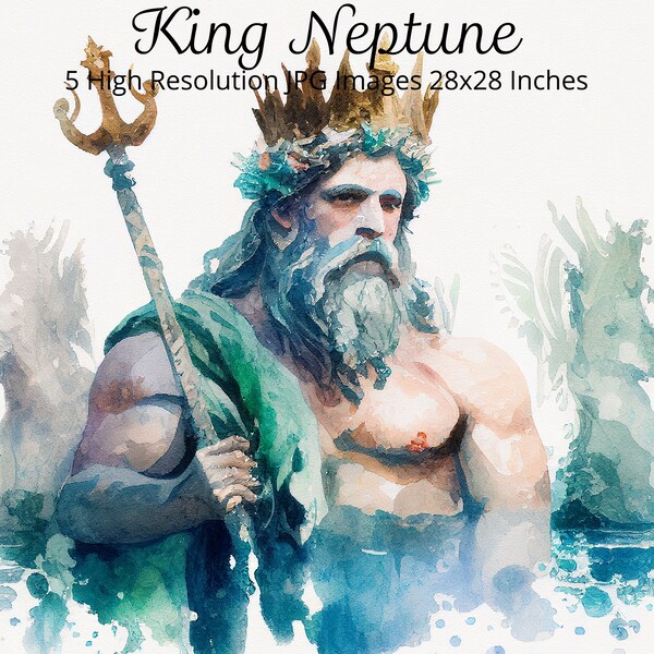 King Neptune Clipart Bundle, Watercolour Roman Mythology, God of Sea Wall Art, King Wearing Crown, Blue Green Decor, Boys Clipart