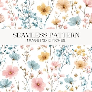May include: A seamless floral pattern featuring watercolor flowers in shades of yellow, pink, and blue on a white background. The text "SEAMLESS PATTERN" is displayed above the dimensions of 12x12 inches.