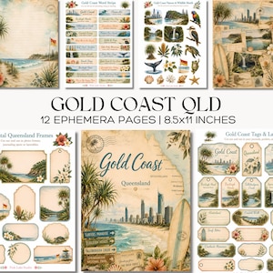 Może przedstawiać: Zestaw 12 stron efemerycznych Gold Coast, Queensland, o wymiarach 21,6 x 27,9 cm. Strony przedstawiają sceny plażowe, paski słów, etykiety i ramki z motywami kwiatowymi i nadmorskimi. Widoczny jest tekst "Gold Coast".