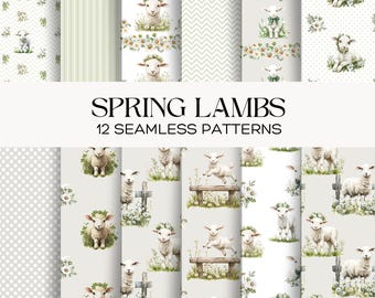 Spring Lamb Seamless Pattern Set, Watercolor Easter Digital Paper, Farmhouse Nursery Backgrounds