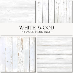 Puede incluir: Cuatro imágenes digitales de texturas de madera blanca. Las imágenes incluyen varios patrones de vetas de madera, incluyendo tablones horizontales y verticales, y efectos de madera envejecida. El texto "WHITE WOOD" y "4 PÁGINAS | 30,48cm x 30,48cm" se muestra en el centro.