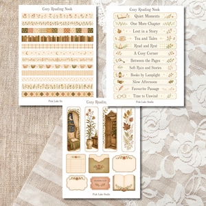 May include: Three sheets of stickers titled Cozy Reading Nook featuring decorative borders, labels with phrases like Quiet Moments and One More Chapter, and illustrations of books, plants, teacups, and cosy interior scenes in warm earth tones.