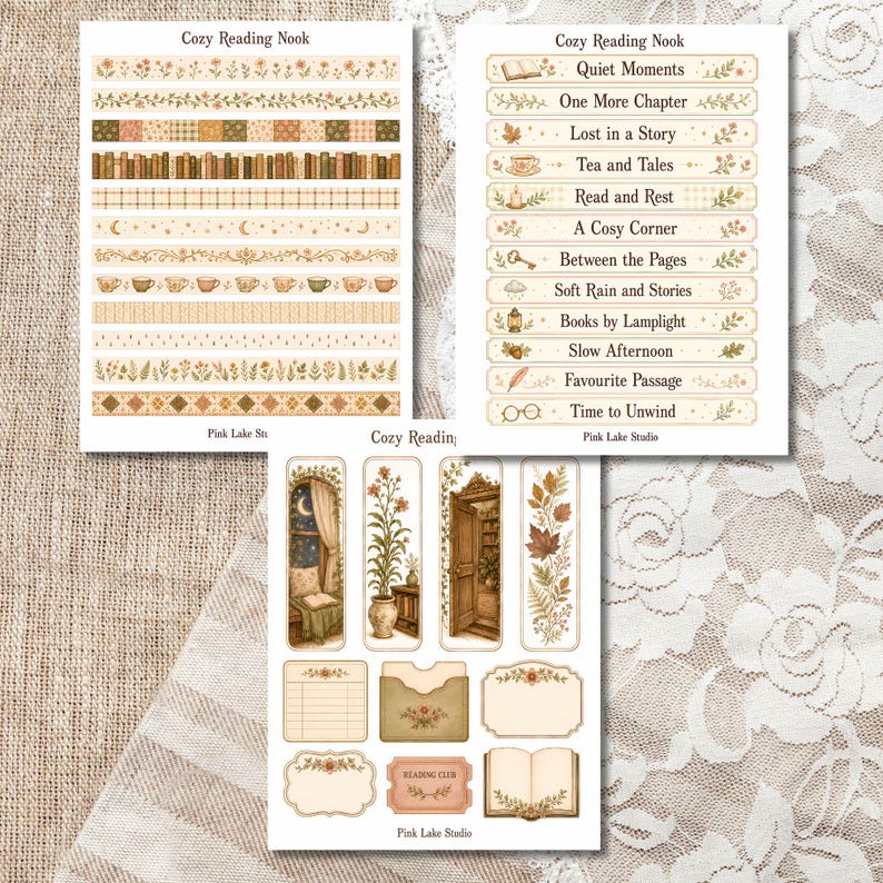 May include: Three sheets of stickers titled Cozy Reading Nook featuring decorative borders, labels with phrases like Quiet Moments and One More Chapter, and illustrations of books, plants, teacups, and cosy interior scenes in warm earth tones.