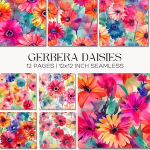 Op de afbeelding: Een verzameling aquarel gerbera madeliefjes ontwerpen in levendige kleuren. De afbeelding bevat 12 naadloze pagina's, elk 30,48 x 30,48 cm, met verschillende gerbera madeliefjes arrangementen in tinten roze, oranje, geel en blauw, met groen blad.