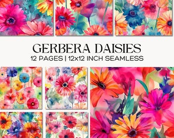 Watercolor Gerbera Daisies Seamless Pattern, Large Floral Printable Scrapbook Paper