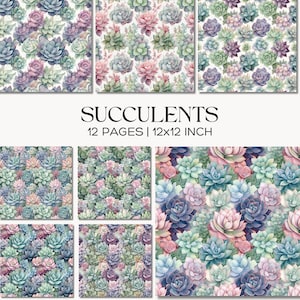 Succulent Digital Paper Pack, Pastel Echeveria Scrapbook Backgrounds, Desert Botanical Patterns for Planner Stickers and Crafts