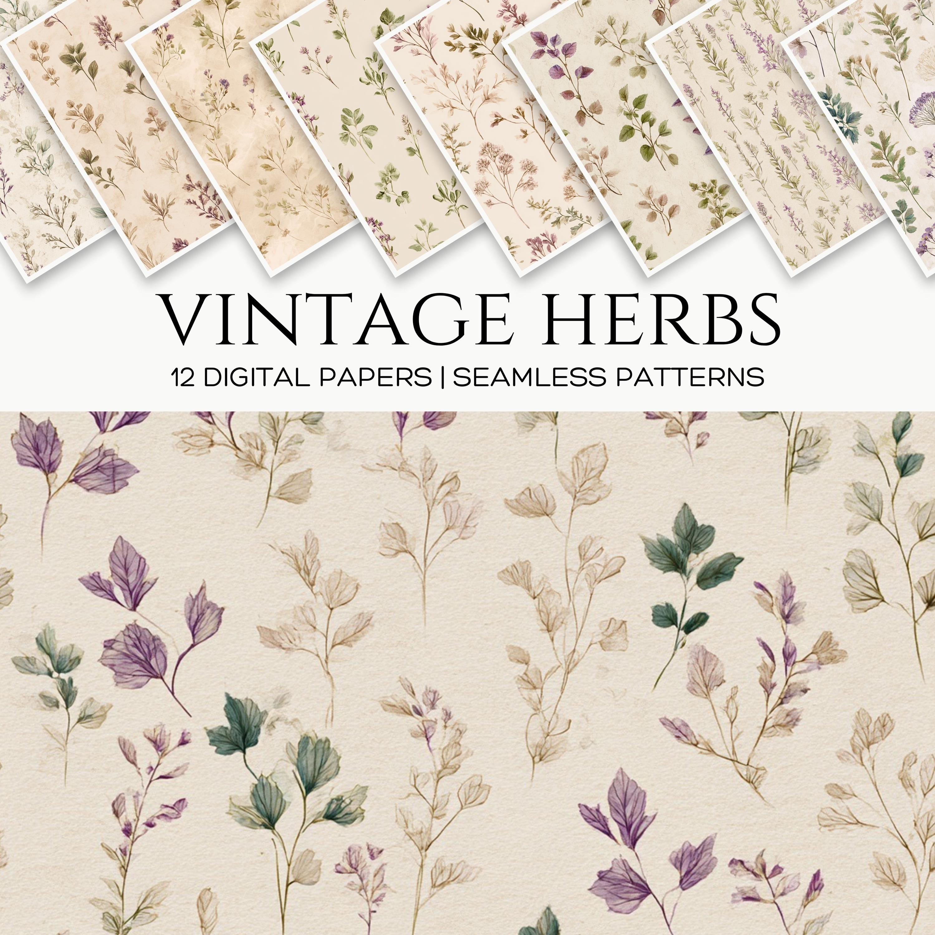 Vintage Botanical Seamless Patterns, Neutral Beige Watercolor Herbs ...