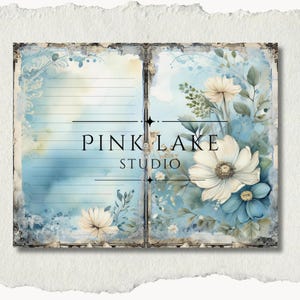 May include: A digital art print featuring a floral design with white and blue flowers, and the text "PINK LAKE STUDIO". The artwork has a vintage, watercolor style with a light blue and cream color palette.