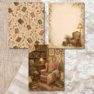 May include: Three sheets of stationery featuring vintage-inspired designs. One sheet has a repeating pattern of books and lamps, one is lined with a corner illustration of a chair and lamp, and one depicts a library scene with a pink armchair.