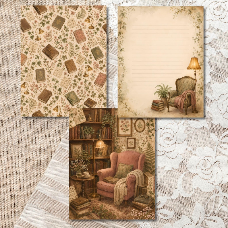 May include: Three sheets of stationery featuring vintage-inspired designs. One sheet has a repeating pattern of books and lamps, one is lined with a corner illustration of a chair and lamp, and one depicts a library scene with a pink armchair.