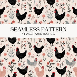 Farmhouse Chicken Floral Seamless Pattern, Rustic Meadow Print, Scrapbook, Papercraft, Junk Journal