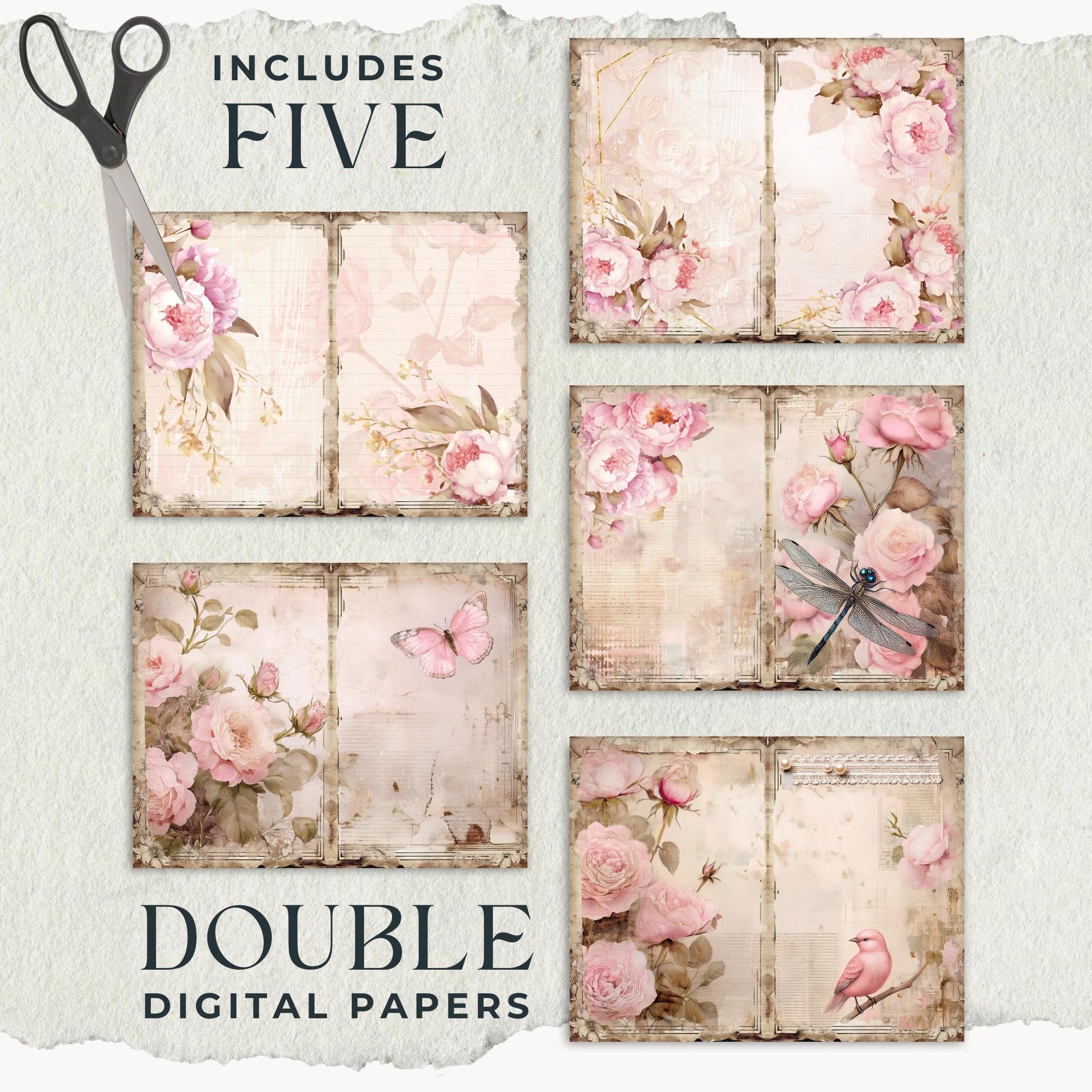 Pink Roses Junk Journal Pages, Shabby Chic Digital Paper Kit, Romantic ...