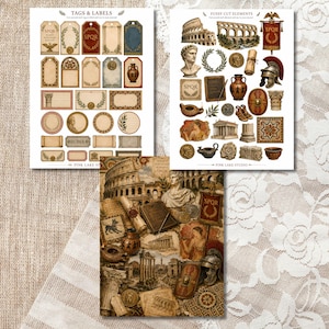 May include: Three sheets of paper featuring Roman-themed designs. One sheet contains various tags and labels, another displays fussy cut elements like statues, columns, and pottery, and the third is a collage of these historical motifs.
