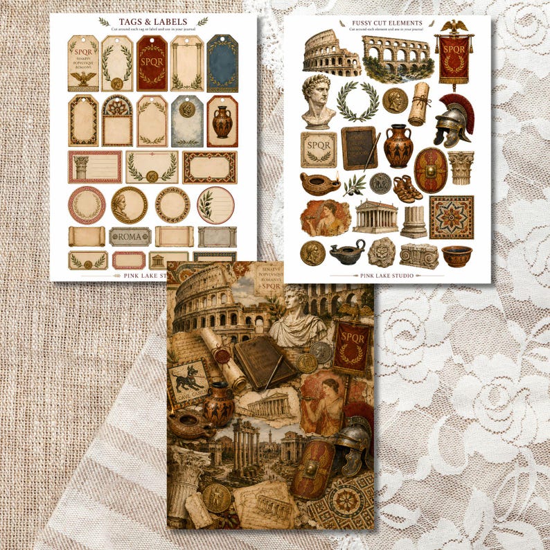 May include: Three sheets of paper featuring Roman-themed designs. One sheet contains various tags and labels, another displays fussy cut elements like statues, columns, and pottery, and the third is a collage of these historical motifs.