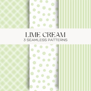 Lime Cream Digital Paper Set, Pastel Green Floral Plaid Stripes, Seamless Pattern Pack