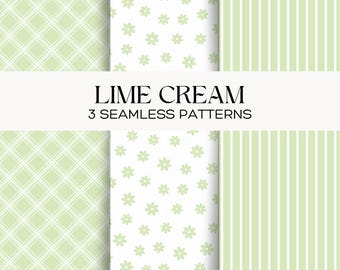 Digitale papierset limoencrème, pastelgroene geruite bloemenstrepen, pakket naadloos patroon