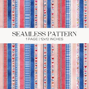 Country Stripe Seamless Pattern, Folk Floral Gingham, Cottage Fabric Surface Design, Digital Paper, Scrapbook Page
