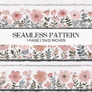 May include: A seamless floral pattern featuring pink flowers, green and gray leaves, and gray stripes on a white background. The text "SEAMLESS PATTERN" is displayed above "1 PAGE | 12x12 INCHES".