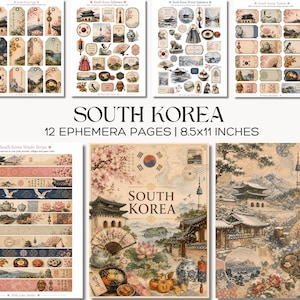 Könnte beinhalten: Ein Set aus 12 Ephemera-Seiten im Format 21,6x27,9 cm zum Thema Südkorea. Das Set enthält Anhänger, Tickets, Washi-Streifen und dekorative Bögen mit Illustrationen von traditioneller Architektur, Landschaften, Speisen und kulturellen Symbolen.