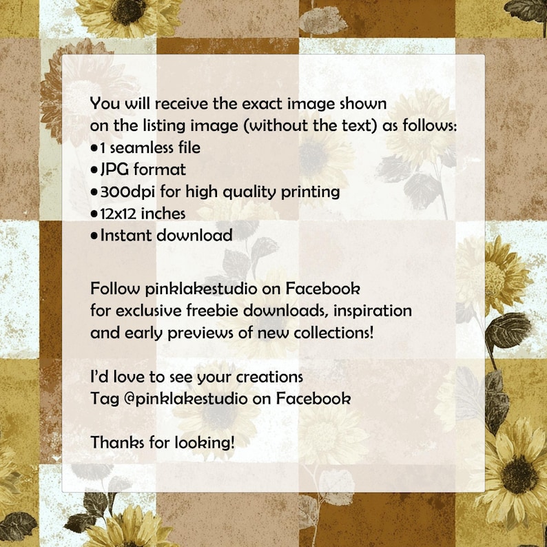 K&ouml;nnte beinhalten: Digitales Download-Bild mit einem Sonnenblumenmuster in Gelb-, Braun- und Cremet&ouml;nen. Das Bild enth&auml;lt Text, der lautet: "Sie erhalten genau das abgebildete Bild...12x12 Zoll...Sofort-Download."