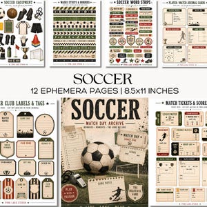 Peut inclure: Un ensemble de 12 pages d'éphémères imprimables de 21,6x27,9 cm, présentant des graphismes sur le thème du football, notamment des ballons, maillots, chaussures, trophées, billets de match, cartes de journal, étiquettes et slogans vintage.