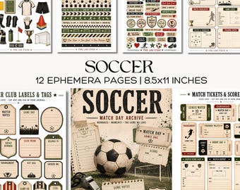 Soccer Junk Journal Kit Printable Sports Ephemera Match Day Tickets Tags Cards Football Scrapbooking