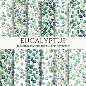 Papel digital de eucalipto, folhas verdes de aquarela, padrões botânicos sem costura, scrapbook de diário de sucata, impressões de fundo com vegetação para impressão