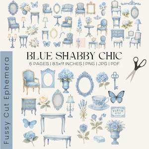 Blue Shabby Chic Kieskeurig Cut Ephemera, afdrukbare Franse blauwe clipart, vintage meubelrozen theekopjes PNG JPG PDF, Junk Journal Kit