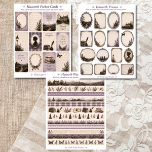 May include: A collection of paper ephemera with a vintage aesthetic. The image features pocket cards, frames, and decorative washi tape strips. The designs include illustrations of landscapes, silhouettes, and floral elements in shades of purple and cream.