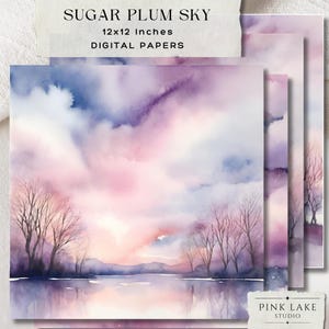 Sugar Plum Sky Watercolor Textured Backgrounds, Soft Purple Pink Cloudy Sky Digital Paper, Landscape Pastel Sky Prints 12x12 Scrapbook Pages