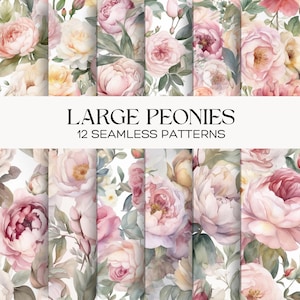 May include: A digital collection of 12 seamless patterns featuring large watercolour peonies in shades of soft pink, cream, and muted green. The text LARGE PEONIES 12 SEAMLESS PATTERNS is centred in black lettering against a white horizontal band.