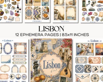 Lisbon Portugal Junk Journal Kit, Printable Travel Ephemera, Azulejo Blue Tile, Vintage Scrapbook Pages