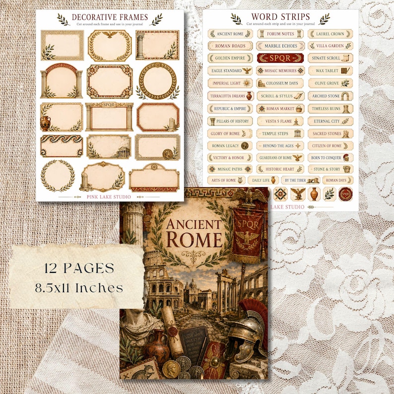 May include: A collection of printable paper ephemera featuring Ancient Rome themes, including decorative frames, word strips, and a main illustration with Roman ruins, a helmet, and scrolls. The set consists of 12 pages measuring 8.5x11 inches.