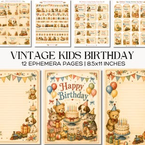Pu&ograve; includere: Un set di 12 pagine di efemeridi di compleanno per bambini in stile vintage, formato 8,5x11 pollici. La collezione include fogli stampabili con illustrazioni di orsacchiotti, cuccioli, gattini, torte, palloncini e festoni in colori tenui.