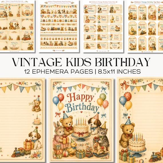 Vintage Kids Birthday Journal Kit Printable Animal Party Ephemera with Tags Tickets and Cards