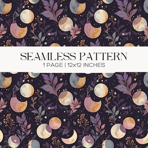 May include: Seamless pattern featuring celestial bodies and botanical elements in shades of purple, pink, and gold on a dark background. The design includes moons, leaves, and floral accents. The text "SEAMLESS PATTERN" is displayed above the dimensions of 12x12 inches.