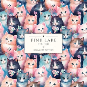 Papier numérique aquarelle fantaisiste de chatons, modèle sans couture de chat mignon, impression de tissu drôle d'animal de compagnie pastel, arrière-plan de scrapbooking et de journal indésirable