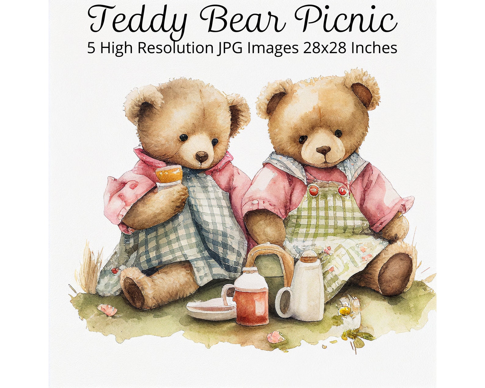 Teddy Bear Picnic Clipart, Set of 5 Digital Prints, Playroom Room Decor ...