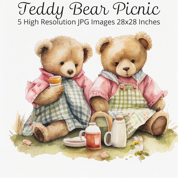 Teddy Bear Picnic Clipart, Set of 5 Digital Prints, Playroom Room Decor, Watercolour Teddies, Large Wall Art, Commercial Use