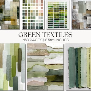 May include: A collection of art prints featuring various shades of green. The prints showcase abstract designs, color swatches, and textured paper effects. The text "GREEN TEXTILES" is displayed above the dimensions of 8.5x11 inches.