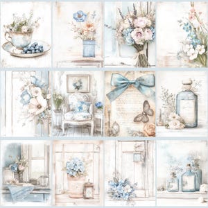 May include: A collection of watercolor illustrations featuring floral arrangements, teacups, and decorative elements in soft pastel colors. The images showcase bouquets, vases, and a vintage-style chair, evoking a romantic and delicate aesthetic.