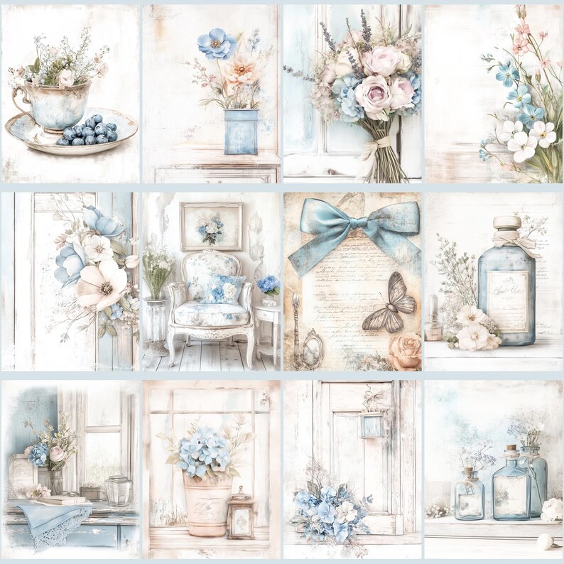 May include: A collection of watercolor illustrations featuring floral arrangements, teacups, and decorative elements in soft pastel colors. The images showcase bouquets, vases, and a vintage-style chair, evoking a romantic and delicate aesthetic.